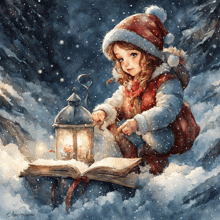 a painting of a little girl holding a lantern and reading a book