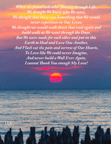 a poem about finding each other floating through life is displayed with a sunset in the background