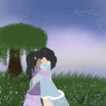 a couple of people hugging each other in a field with a tree in the background .