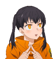 a girl with pigtails and orange eyes is making a funny face