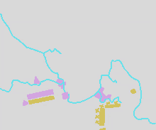 a drawing of a river with purple triangles and yellow squares on it