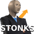 a man in a suit and tie is standing in front of an arrow and the word stonks .