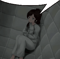 a girl in a straight jacket is sitting in a room with a speech bubble above her head