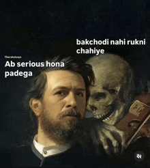 a man with a beard is hugging a skeleton with the words ab serious hona padega on the bottom