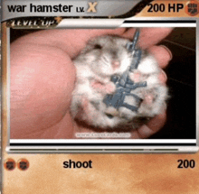 a card with a picture of a hamster with a gun on it