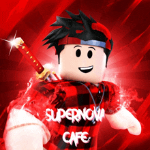 a cartoon character with a red shirt that says supernova cafe on it