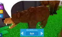 a bear is standing in the grass with a blue exit button in front of it