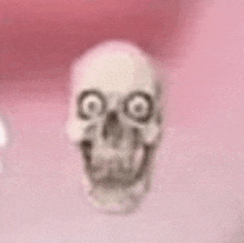 a close up of a skull with circles around its eyes on a pink background .