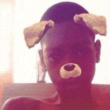 a young boy is wearing a dog ears filter on his face .