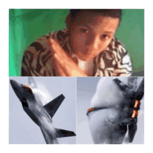 a collage of images shows a man a jet and a plane crashing