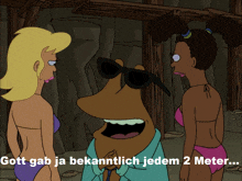 a cartoon of a man wearing sunglasses with the words gott gab ja bekanntlich jedem 2 meter