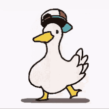 a cartoon duck wearing a hat and goggles is walking on a white background .