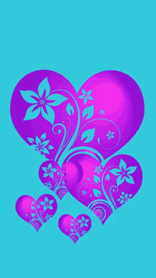 a blue background with purple hearts and flowers on it