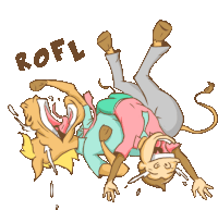 a cartoon of a man being held upside down by a lion with the word rofl written above him