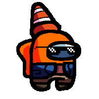 an orange among us character wearing sunglasses and a traffic cone