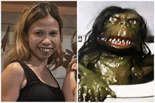 a woman in a black tank top is smiling next to a picture of a green monster .