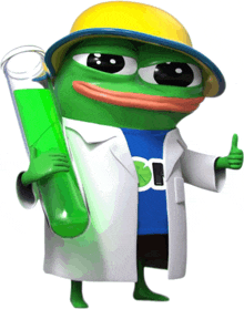 a cartoon frog wearing a lab coat and a yellow hat holds a test tube and gives a thumbs up