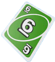 a green uno card with a white circle and the number 16 on it .