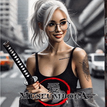 a woman holding a samurai sword in front of a sign that says museumbola