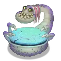 a cartoon drawing of a purple and white monster holding a broken piece of glass