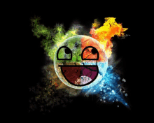 a colorful smiley face is surrounded by flames and smoke