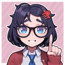 a girl with glasses and a comb in her hair is pointing up