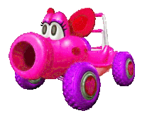 a pink cartoon car with purple wheels and a big mouth .