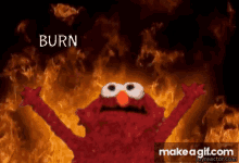 elmo from sesame street is standing in front of a fire with the words burn written above him