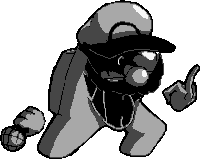 a black and white pixel art of a cartoon character with a hat and a beard giving the middle finger .