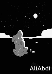 a black and white drawing of a person sitting under a starry night sky