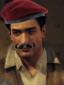 a man wearing a red beret and a mustache on his face