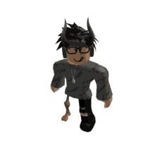 a roblox character with horns , glasses , a necklace , and a prosthetic leg is walking .