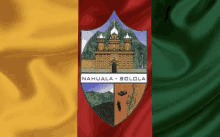 a yellow red and green flag with a coat of arms for nahuala solola