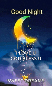 a picture of a crescent moon with the words `` good night i love you god bless u sweet dreams '' .