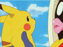 a pikachu is standing next to a cartoon character with a surprised look on his face