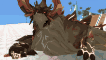 a monster with a swirl on its chest is laying on a beach