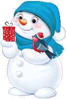 a snowman wearing a blue hat and scarf is holding a gift box and a bird