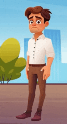 a cartoon man in a white shirt and brown pants is standing with his hands on his hips .