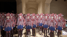 a bunch of anime characters are standing in a hallway