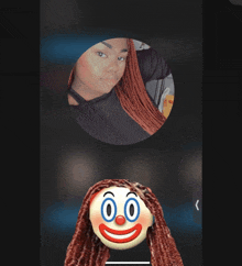 a picture of a woman with braids and a clown face with 00 on it