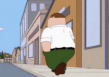 peter griffin from family guy is walking down a sidewalk