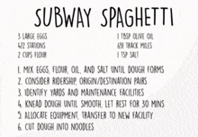 a recipe for subway spaghetti is written in black ink