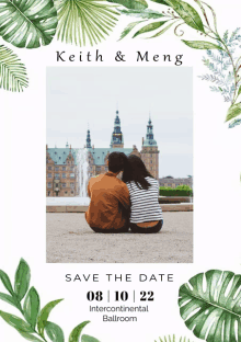 a save the date for keith and meng shows a couple sitting in front of a fountain