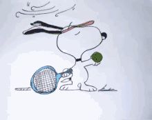 a drawing of snoopy holding a tennis ball and racket