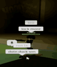 a screenshot of a video game that says bro lock more run is doth duck son