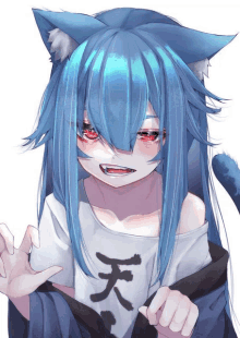 a girl with blue hair and cat ears is wearing a t-shirt with chinese characters on it