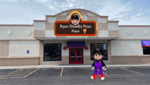 a cartoon character stands in front of a bryan showbiz pizza place restaurant