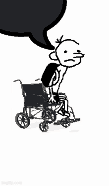 a black and white drawing of a man in a wheelchair with a speech bubble above him