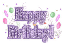 a purple happy birthday sign with balloons and confetti around it