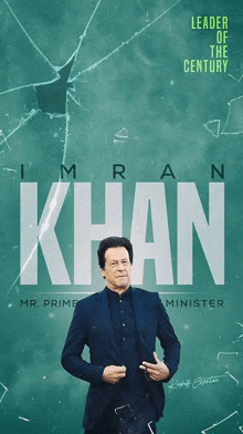 a poster for imran khan shows a man in a suit on a green background